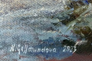 Ručně malovaná krajina olejem "Bořeň pod sněhem" 24 × 18 cm