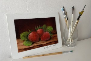 Realistická olejomalba "Jahody", 18 × 13 cm