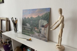 Ručně malovaná krajina olejem "Svítání v Bílině" 42 × 34 cm