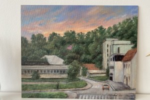 Ručně malovaná krajina olejem "Svítání v Bílině" 42 × 34 cm