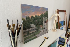Ručně malovaná krajina olejem "Svítání v Bílině" 42 × 34 cm