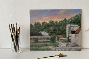 Ručně malovaná krajina olejem "Svítání v Bílině" 42 × 34 cm