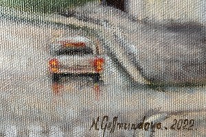Ručně malovaná krajina olejem "Svítání v Bílině" 42 × 34 cm