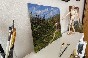 Kresba pod olejomalbou "Kyselka za starých času" 40 × 30 cm