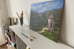 Kresba pod olejomalbou "Kyselka za starých času" 40 × 30 cm