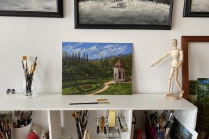 Kresba pod olejomalbou "Kyselka za starých času" 40 × 30 cm