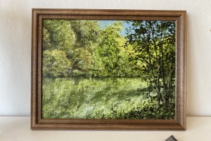 Impresionistická miniaturní obraz krajiny "Lesní jezírko" 24 × 18 cm
