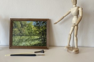 Impresionistická miniaturní obraz krajiny "Lesní jezírko" 24 × 18 cm