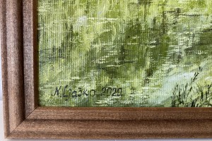 Impresionistická miniaturní obraz krajiny "Lesní jezírko" 24 × 18 cm
