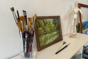 Impresionistická miniaturní obraz krajiny "Lesní jezírko" 24 × 18 cm