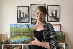 Ručně malovaná obraz krajiny "Rybník v Bílině" 39 × 29 cm