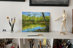 Ručně malovaná obraz krajiny "Rybník v Bílině" 39 × 29 cm