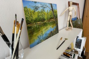 Ručně malovaná obraz krajiny "Rybník v Bílině" 39 × 29 cm