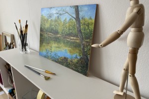 Ručně malovaná obraz krajiny "Rybník v Bílině" 39 × 29 cm