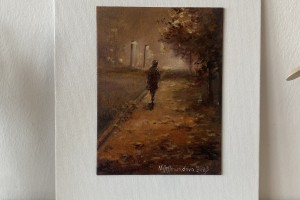 Miniaturní olejomalba s paspartu "Ranní cesta" 14,5 × 19,5 cm