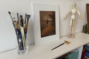 Miniaturní olejomalba s paspartu "Ranní cesta" 14,5 × 19,5 cm