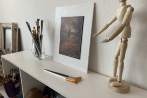 Miniaturní olejomalba s paspartu "Ranní cesta" 14,5 × 19,5 cm