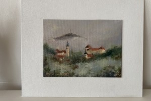 Miniaturní obraz na plátně "Bílina ve mlze" 19 × 14 cm