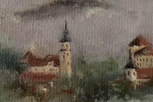 Miniaturní obraz na plátně "Bílina ve mlze" 19 × 14 cm