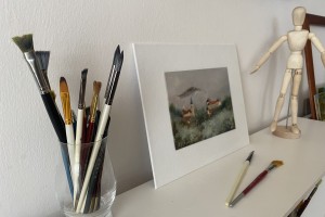 Miniaturní obraz na plátně "Bílina ve mlze" 19 × 14 cm