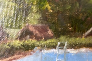 Ručně malovaný obraz olejem "Plenér na koupaliště" 30 × 24 cm