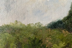 Ručně malovaný obraz olejem "Plenér na koupaliště" 30 × 24 cm