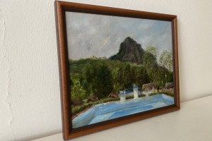 Ručně malovaný obraz olejem "Plenér na koupaliště" 30 × 24 cm