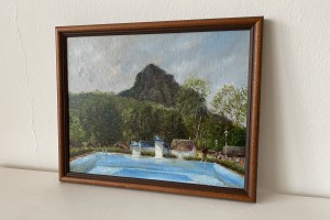Ručně malovaný obraz olejem "Plenér na koupaliště" 30 × 24 cm