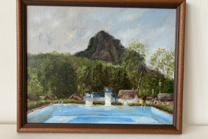 Ručně malovaný obraz olejem "Plenér na koupaliště" 30 × 24 cm