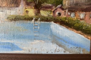 Ručně malovaný obraz olejem "Plenér na koupaliště" 30 × 24 cm