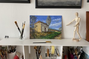 Ručně malovaný obraz olejem na plátně "Opuštěna kaplička" 39 × 29 cm