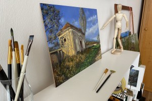 Ručně malovaný obraz olejem na plátně "Opuštěna kaplička" 39 × 29 cm