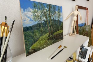 Ručně malovaný obraz olejem "Bořeňská zahrada po dešti" 39 × 29 cm