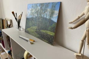 Ručně malovaný obraz olejem "Bořeňská zahrada po dešti" 39 × 29 cm