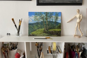 Ručně malovaný obraz olejem "Bořeňská zahrada po dešti" 39 × 29 cm