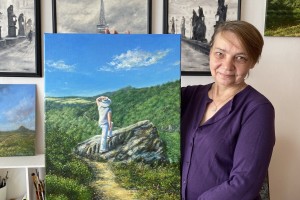 Ručně malovaný obraz olejem "Bořeň. Vyhlídkový kamen" 50 × 70 cm.