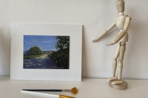 Ručně malovaná miniaturní krajina "Cesta do Bíliny" 19 × 14 cm