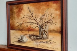 Zarámovaný obraz olejem "Jarní zátiší s větvičky" 39 × 29 cm
