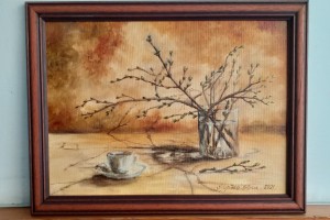 Zarámovaný obraz olejem "Jarní zátiší s větvičky" 39 × 29 cm