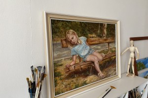 Ručně malovaný žánrový obraz "Unavená modelka", autorská replika 58 × 43 cm