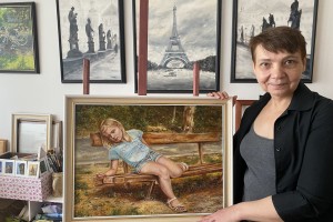 Ručně malovaný žánrový obraz "Unavená modelka", autorská replika 58 × 43 cm