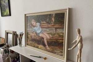 Ručně malovaný žánrový obraz "Unavená modelka", autorská replika 58 × 43 cm