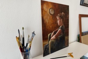 Klasický portrét olejem "Večerní hodiny" 34 × 42 cm