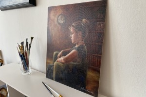Klasický portrét olejem "Večerní hodiny" 34 × 42 cm