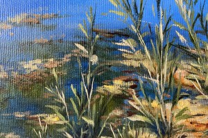 Obraz krajiny olejem "V létě u jezera" 39 × 29 cm