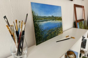 Obraz krajiny olejem "V létě u jezera" 39 × 29 cm