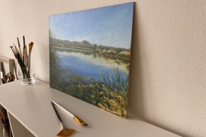 Obraz krajiny olejem "V létě u jezera" 39 × 29 cm