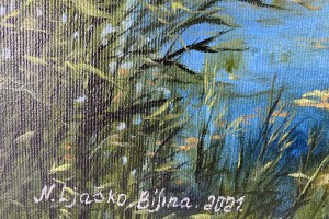 Obraz krajiny olejem "V létě u jezera" 39 × 29 cm