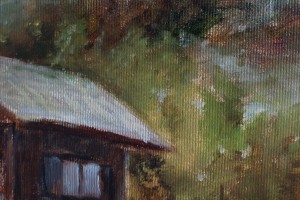 Zarámovaný obraz olejem "Chatka pod Bořenem" 39 × 29 cm