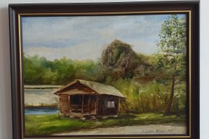 Zarámovaný obraz olejem "Chatka pod Bořenem" 39 × 29 cm